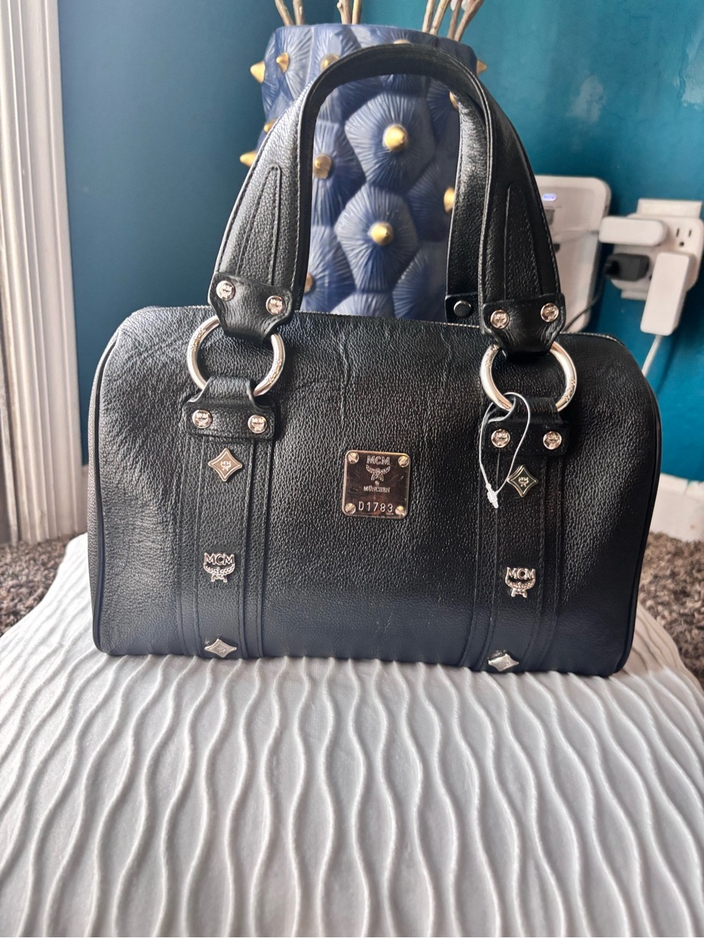 MCM Black Leather Barrel Satchel with Silver Hardware